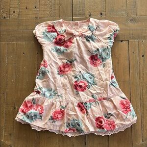 Janie and jack cap sleeve drop waist pink and blue rose eyelet trim dress